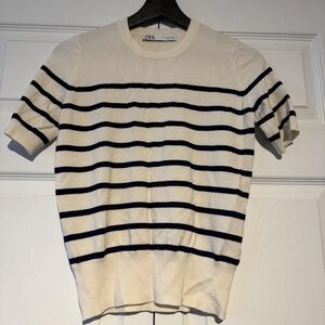 Zara Cream and Black Striped Short Sleeve Tee